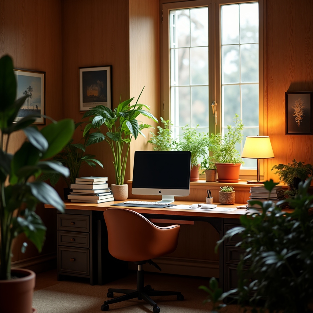 Heller Arbeitsplatz mit Pflanzen und Holzmöbeln im Büro von Gilravox