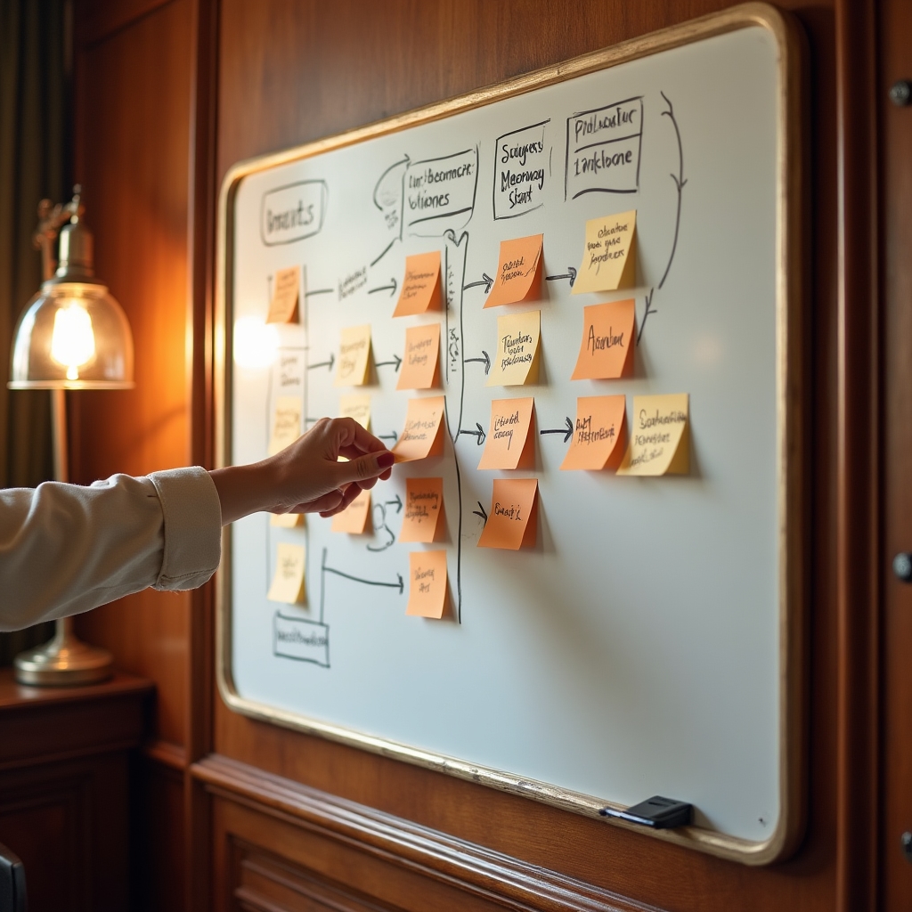 Whiteboard mit strukturiertem Ablaufplan für die erste Mitarbeitereinstellung